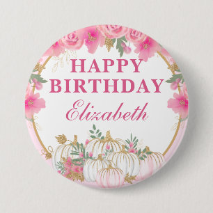 Badge Rond 7,6 Cm Citrouilles et fleurs rose à l'aquarelle Joyeux An