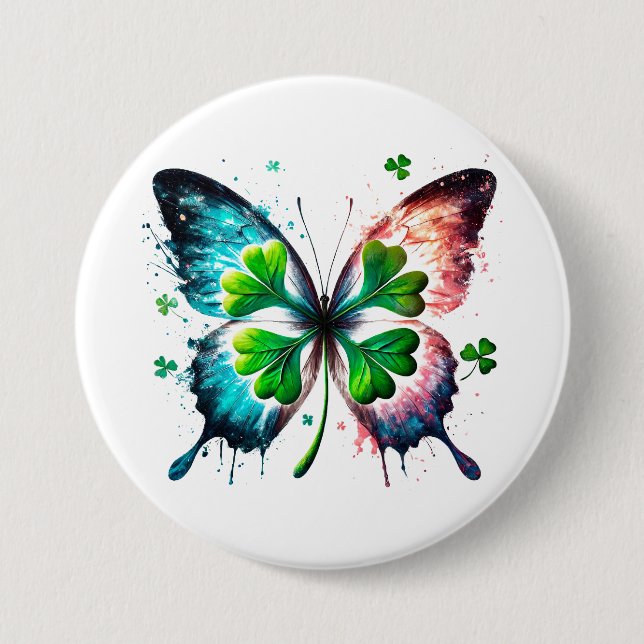 Badge Rond 7,6 Cm Clover chanceux avec papillon (Devant)