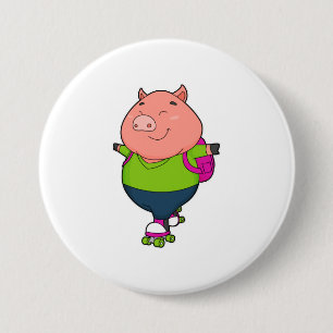 Badge Rond 7,6 Cm Cochon à Patinage en ligne avec patins à rouleaux