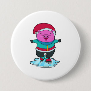 Badge Rond 7,6 Cm Cochon à Patinage sur glace avec patins sur glace 