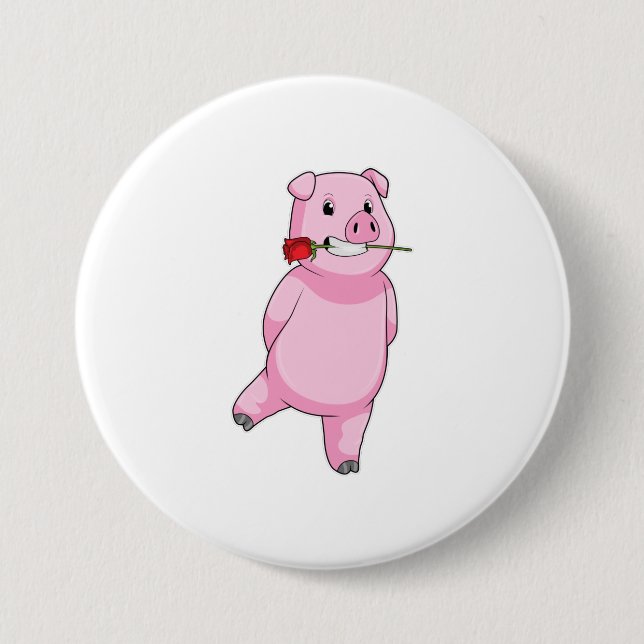 Badge Rond 7,6 Cm Cochon avec fleur Rose (Devant)