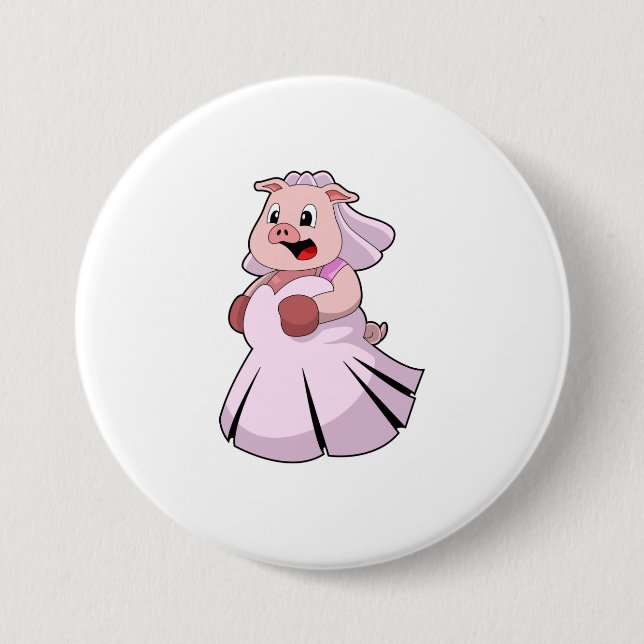 Badge Rond 7,6 Cm Cochon en mariée avec une robe de mariée.PNG (Devant)
