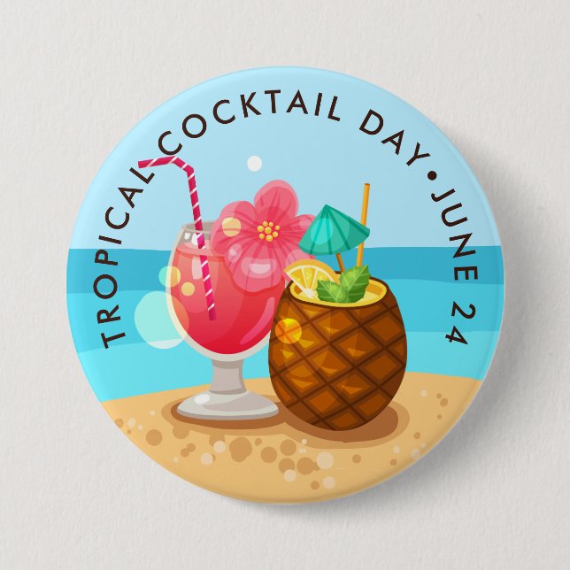Badge Rond 7,6 Cm Cocktails tropicaux jour, ananas, hibiscus (Devant)