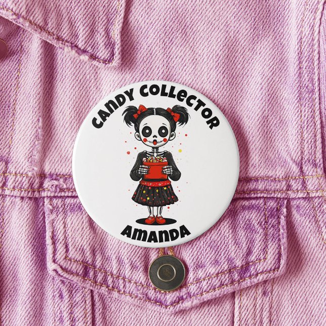 Badge Rond 7,6 Cm Collecteur de bonbons mignons Squelette filles Hal (Cute Candy Colloector Skeleton Girls Halloween Button)