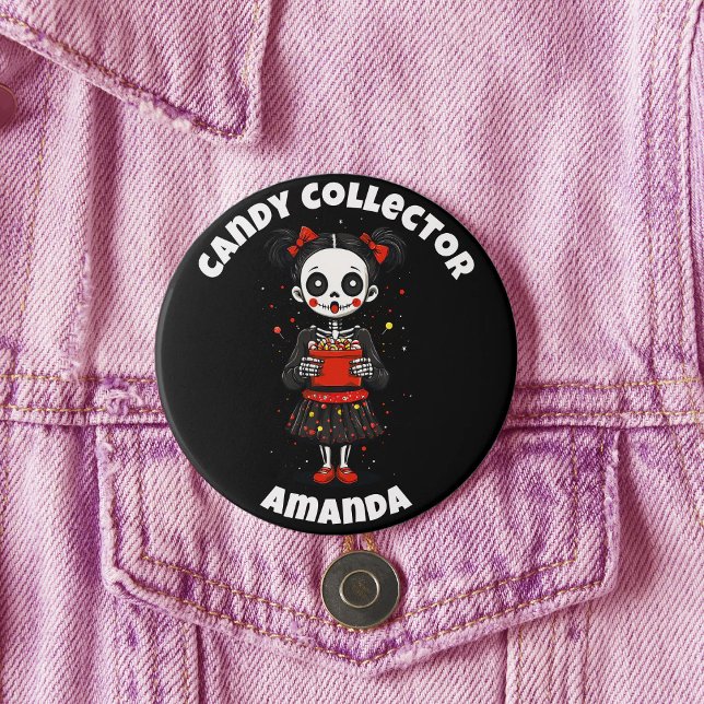 Badge Rond 7,6 Cm Collecteur de bonbons mignons Squelette filles Hal (Cute Candy Colloector Skeleton Girls Halloween Button)