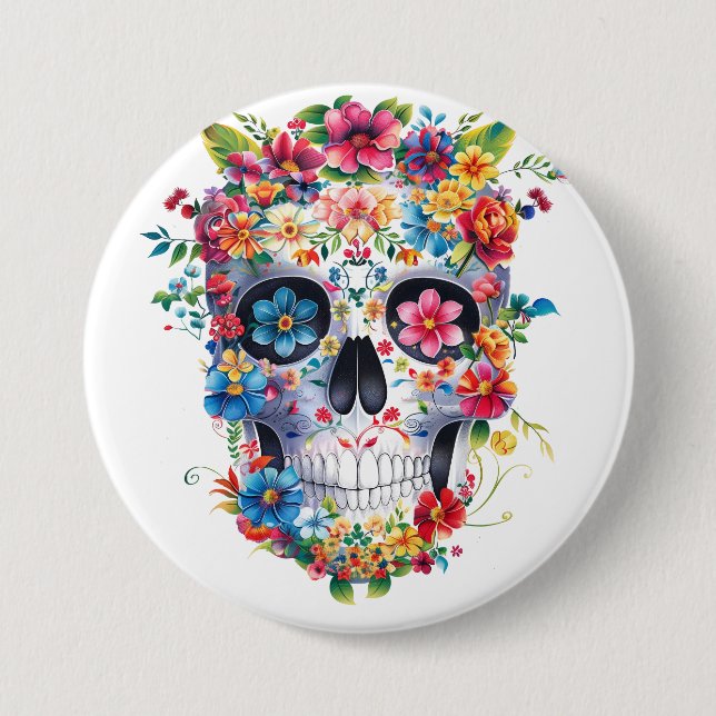 Badge Rond 7,6 Cm Conception du crâne floral (Devant)