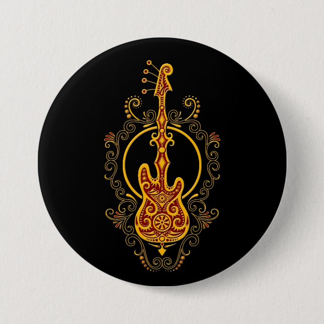 Badge Rond 7,6 Cm Conception rouge d'or complexe de guitare basse (Devant)