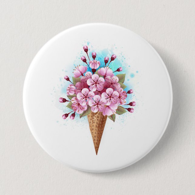 Badge Rond 7,6 Cm Cône rose Sakura crème glacée gaufre (Devant)