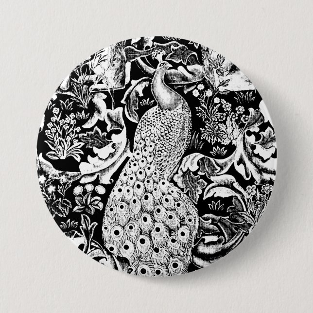 Badge Rond 7,6 Cm Copie de paon de Nouveau d'art, noire et blanche (Devant)