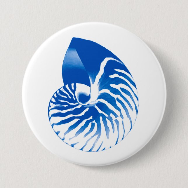Badge Rond 7,6 Cm Coquille de Nautilus - bleu cobalt et blanc (Devant)