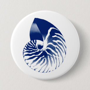 Badge Rond 7,6 Cm Coquille de Nautilus - bleu marine et blanc
