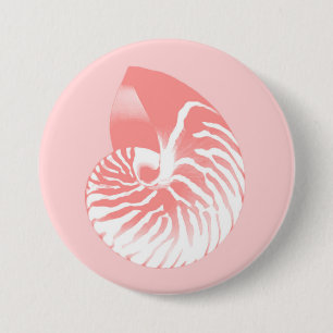 Badge Rond 7,6 Cm Coquille de Nautilus - corail rose et blanc