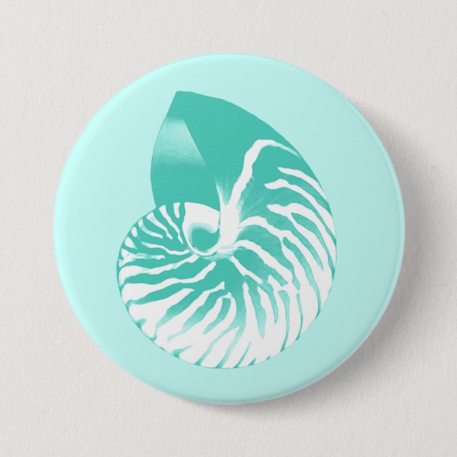 Badge Rond 7,6 Cm Coquille de Nautilus - turquoise, aqua et blanc (Devant)