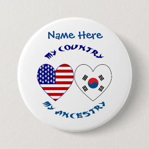 Badge Rond 7,6 Cm Corée du Sud États-Unis Cœur Pays Ancêtres Personn