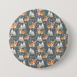 Badge Rond 7,6 Cm Corgis dans les montagnes et Motif forestier