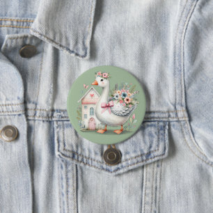 Badge Rond 7,6 Cm Cottage Goose Floral House Scène
