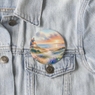 Badge Rond 7,6 Cm Coucher de soleil sur une maison de bord de mer en
