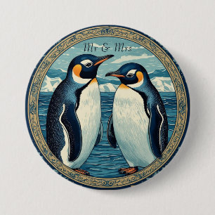 Badge Rond 7,6 Cm Couple de manchots hiver neige océan bleu glace gl