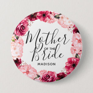 Badge Rond 7,6 Cm Couronne florale bordeaux et rose pour la mère de
