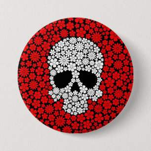 Badge Rond 7,6 Cm Crâne blanc et rouge de fleurs sauvages
