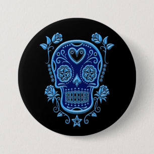 Badge Rond 7,6 Cm Crâne bleu de sucre avec des roses sur le noir