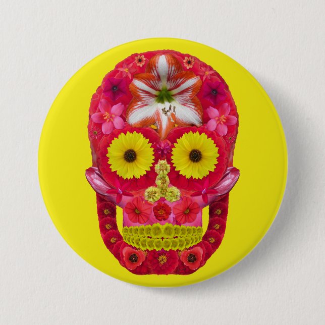Badge Rond 7,6 Cm Crâne de fleurs 6 (Devant)