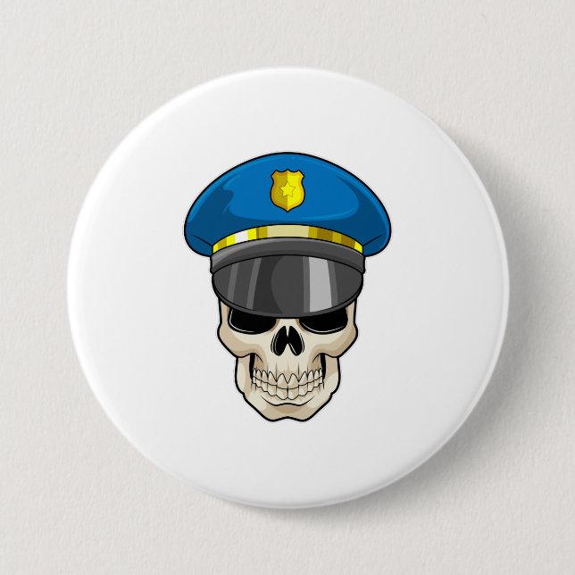 Badge Rond 7,6 Cm Crâne en tant qu'officier de police avec casquette (Devant)