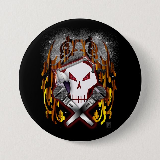 Badge Rond 7,6 Cm crâne et os croisés DJ (Devant)