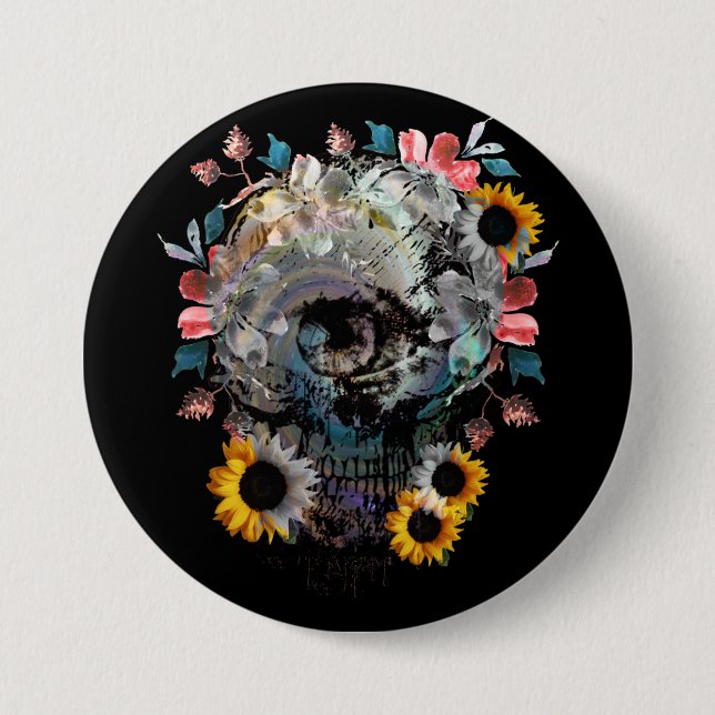 BADGE ROND 7,6 CM CRÂNE FLEURS FLORAUX (Devant)
