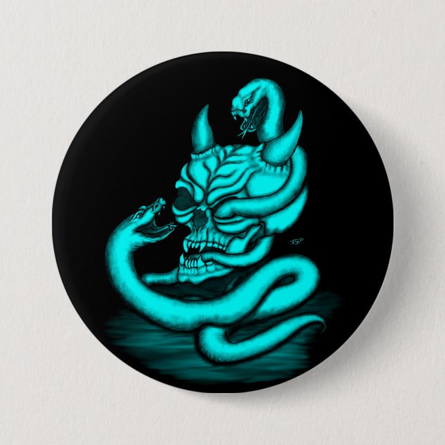 Badge Rond 7,6 Cm Crâne - Tête diabolique avec serpent (Devant)