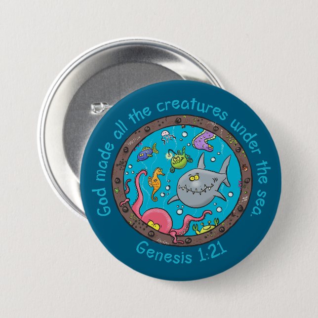 Badge Rond 7,6 Cm Créatures marines drôles bande dessinée verset bib (Devant & derrière)