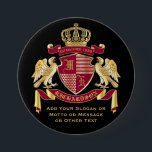 Badge Rond 7,6 Cm Créez votre propre blason d'armoiries d'aigle roug<br><div class="desc">Créez votre propre armoiries, emblème, insignia ou crête de famille aristocratique avec ce magnifique essuie-tout classique ou ce modèle de bouclier. Les motifs rouges de Crimson décorent un bouclier surmonté d'une couronne dorée et flanqué d'aigles héraldiques médiévaux. Une banderole assortie tient votre date de mariage / date de naissance /...</div>