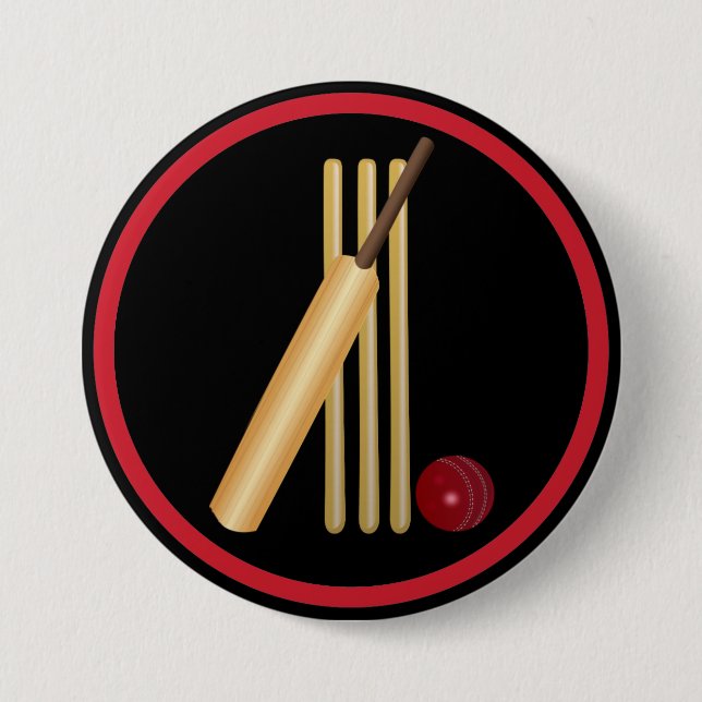 Badge Rond 7,6 Cm Cricket, wicket, chauve-souris et balle (Devant)