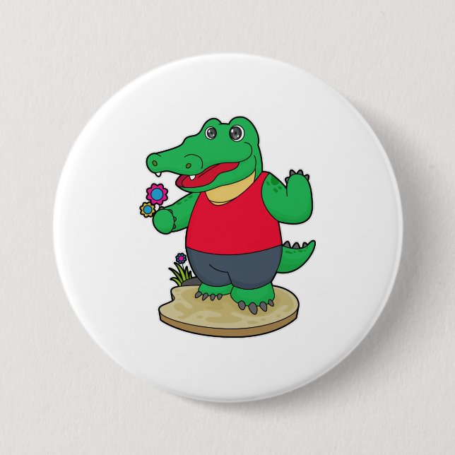 Badge Rond 7,6 Cm Crocodile aux fleurs (Devant)