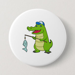 Badge Rond 7,6 Cm Crocodile Pêche Pêcheur Pêcheur canne à pêche