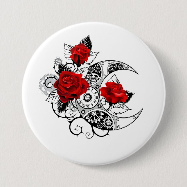 Badge Rond 7,6 Cm Croissant mécanique avec roses rouges (Devant)