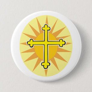 Badge Rond 7,6 Cm Croix jaune botonée Soleil levant Foi chrétienne