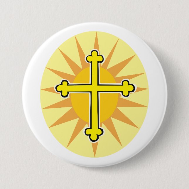 Badge Rond 7,6 Cm Croix jaune botonée Soleil levant Foi chrétienne (Devant)