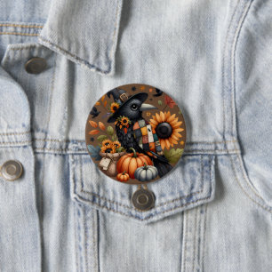 Badge Rond 7,6 Cm Crow Whimsical avec Citrouilles et tournesols