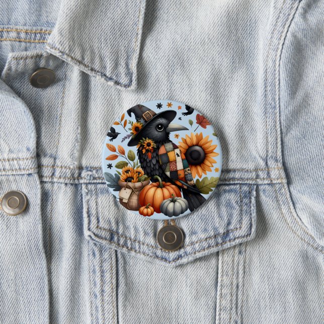 Badge Rond 7,6 Cm Crow Whimsical avec Citrouilles et tournesols (En situation)