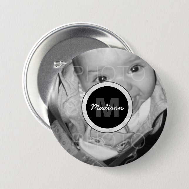 Badge Rond 7,6 Cm Customisez votre photo noir blanc Monogramme (Devant & derrière)