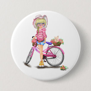 Badge Rond 7,6 Cm Cute Blonde Girl with Pink Bike and Cat à Flowers