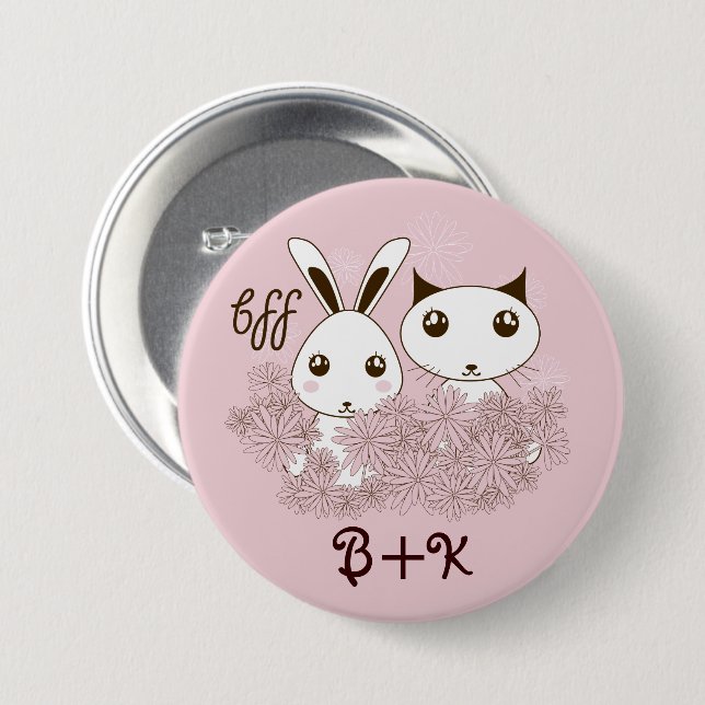 Badge Rond 7,6 Cm Cute Bunny Kitten Animal Amis Filles roses Enfants (Devant & derrière)