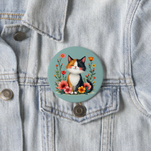 Badge Rond 7,6 Cm Cute Calico Chat avec Cottagecore Floral