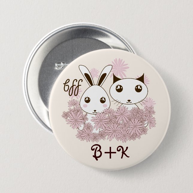 Badge Rond 7,6 Cm Cute Kitten et Bunny amis animaux filles enfants (Devant & derrière)