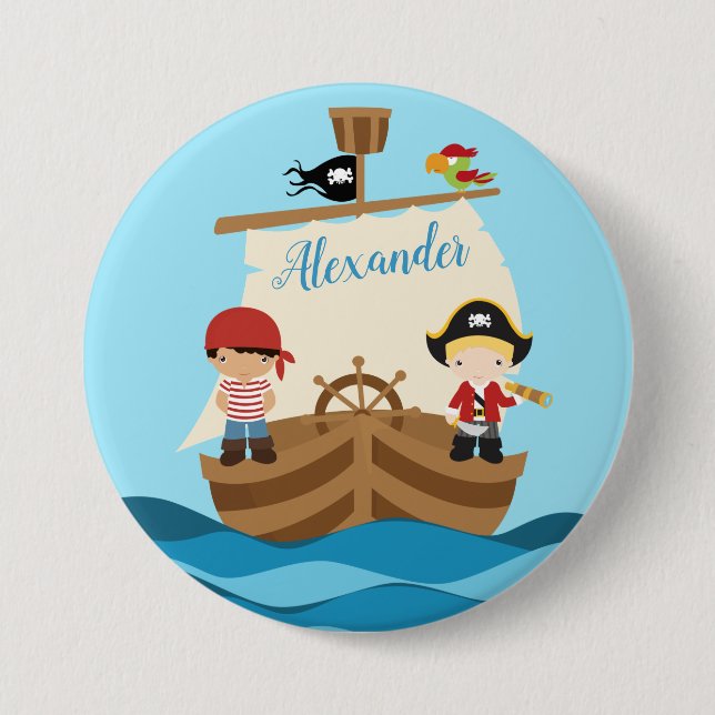 Badge Rond 7,6 Cm Cute Pirate Boys & A Big Ship Nom personnalisé (Devant)