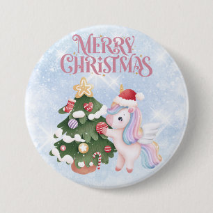 Badge Rond 7,6 Cm Cute Unicorne de Noël sur Sparkle Blue Sky