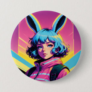 Badge Rond 7,6 Cm Cyber Bunny - Jolie fille Kemonomimi Retrowave