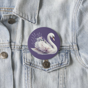 Badge Rond 7,6 Cm Cygne aquarelle avec fleurs de lavande