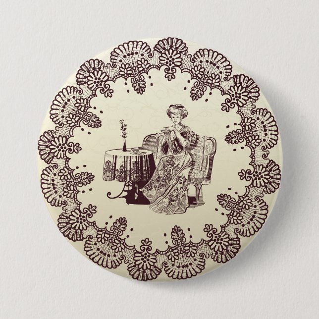 Badge Rond 7,6 Cm dame boit du thé (Devant)
